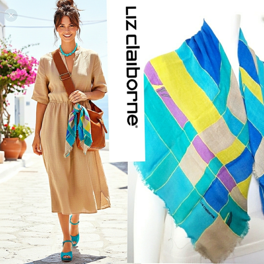 Vintage🦋Liz Claiborne Square Scarf🌺Multicolor|Fringe